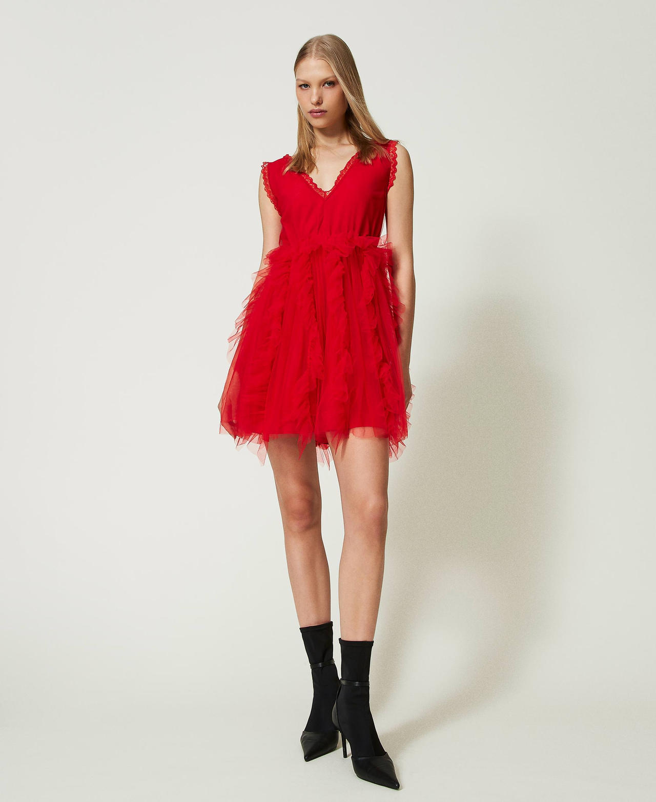 Vestido corto de tul con volantes Rojo Geranio Mujer 232AT2140-02