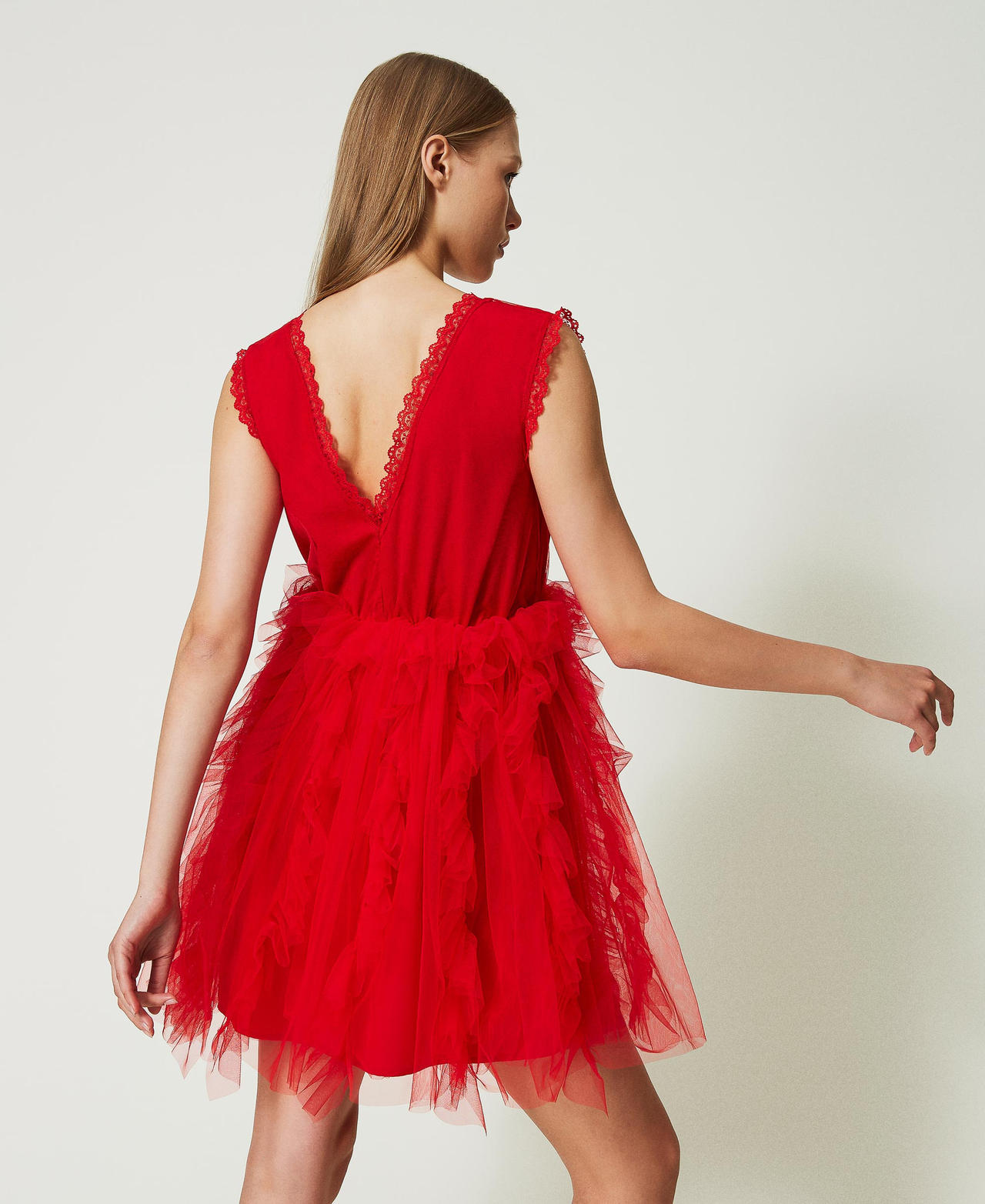Short tulle dress with ruffles Woman, Red