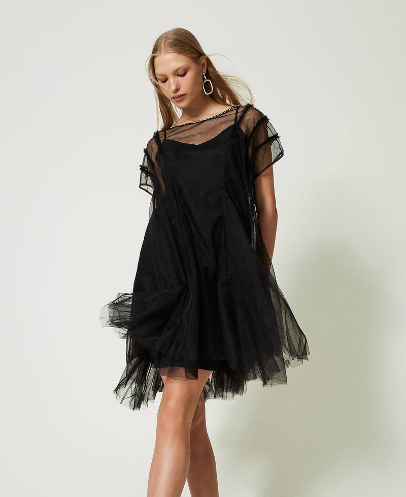 Short tulle dress with rhinestones Black Woman 232AT2141-02