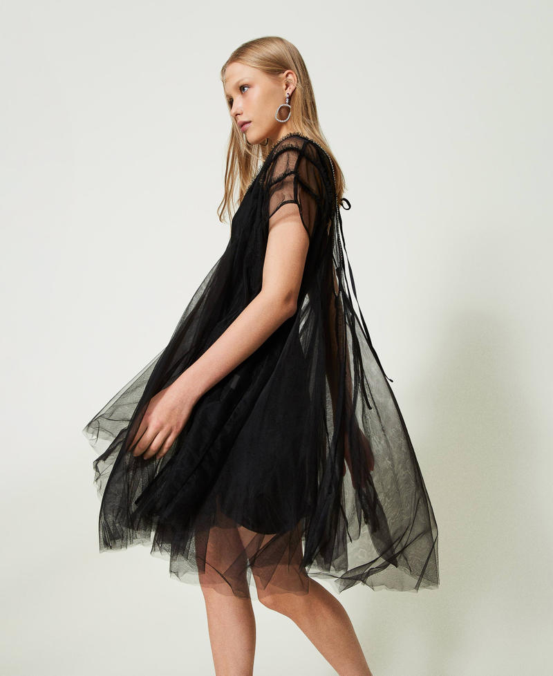 Short tulle dress with rhinestones Black Woman 232AT2141-03