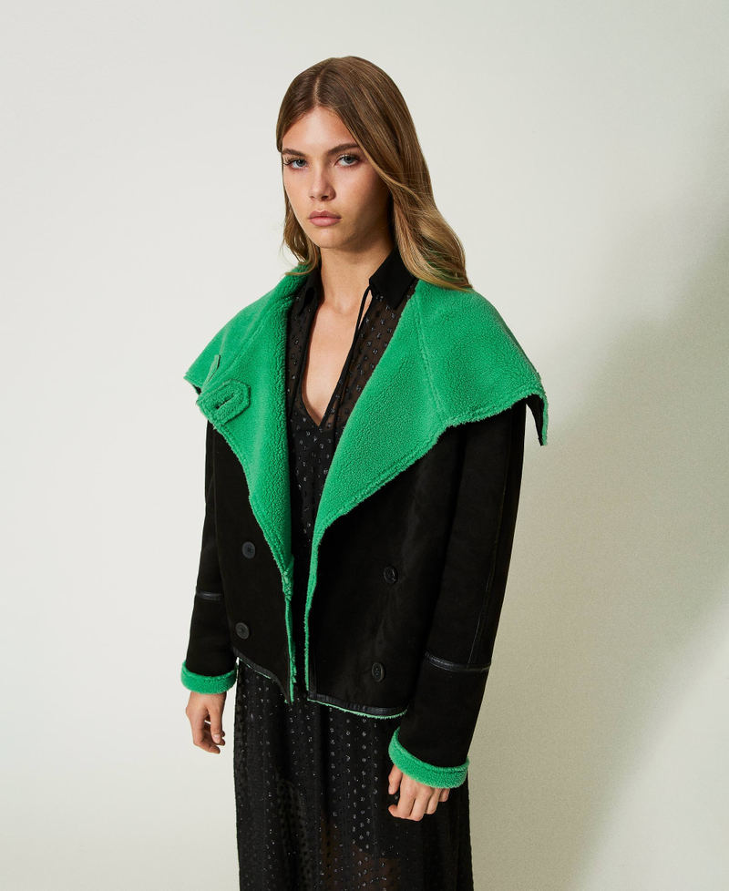 Double-breasted suede jacket Two-tone Black / Green Bouquet Woman 232AT2160-02