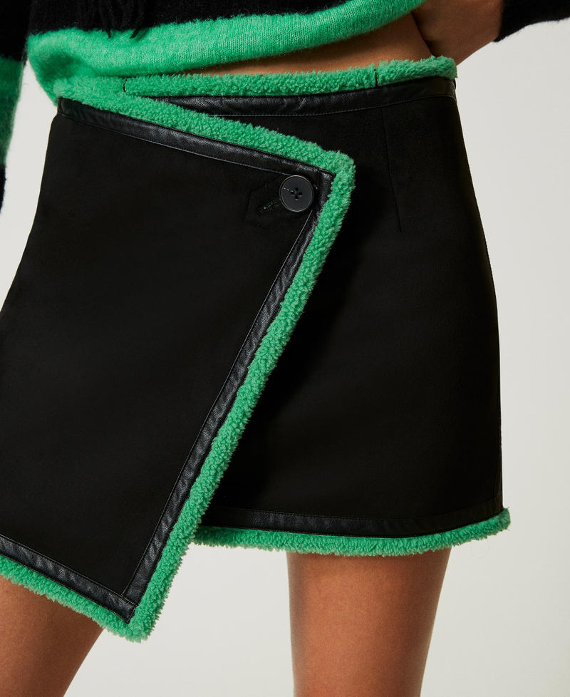 Mini-jupe portefeuille effet cuir velours Bicolore Noir/Vert Bouquet Femme 232AT2162-05