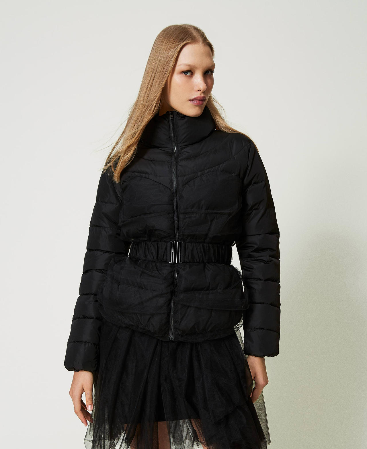 Short puffer jacket with tulle Black Woman 232AT2190-02
