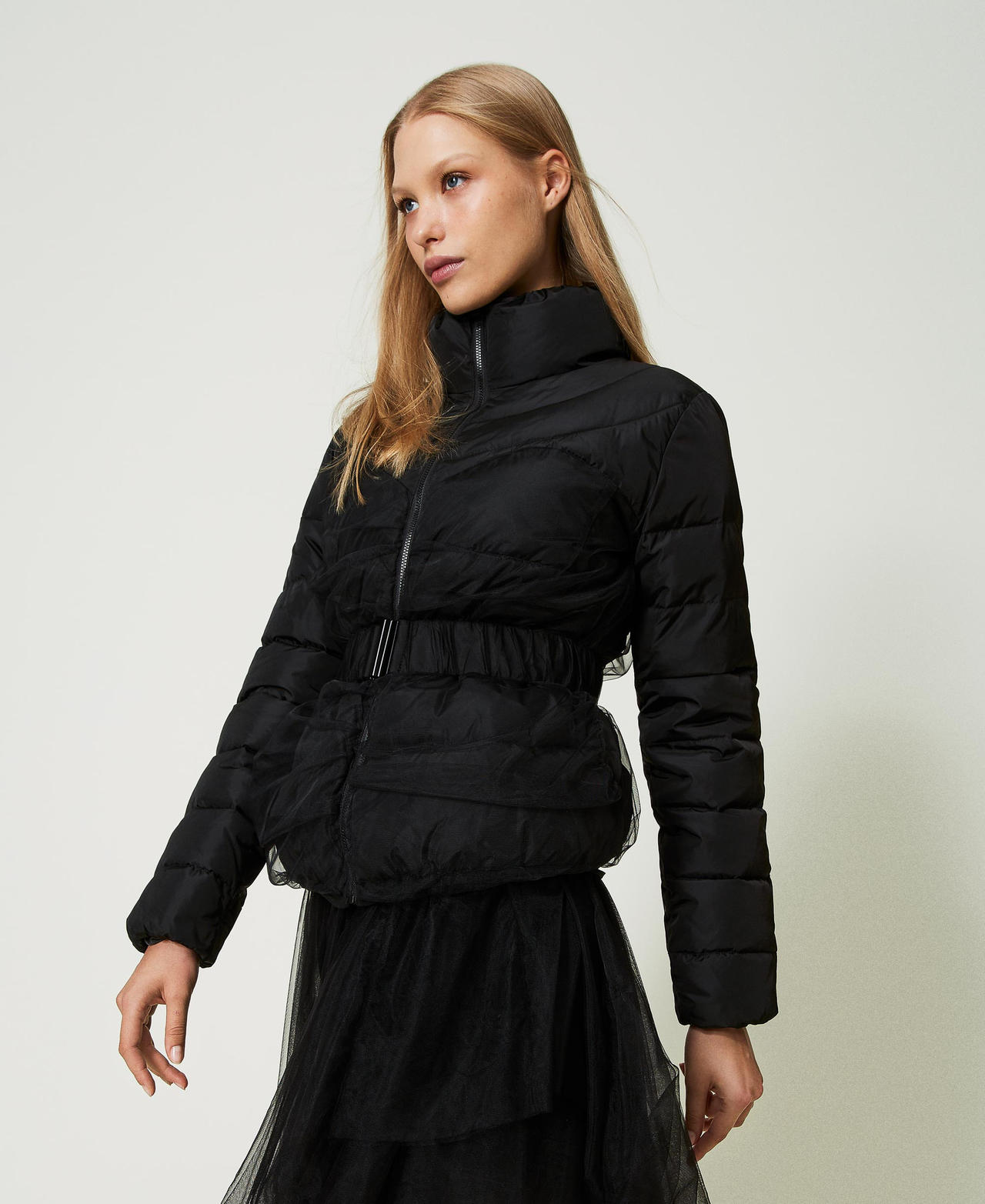 Short puffer jacket with tulle