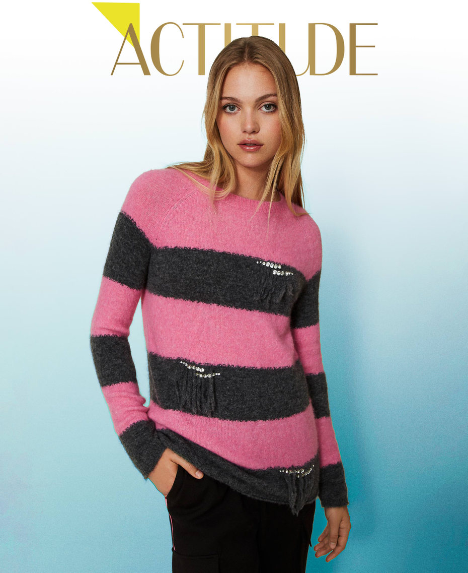 Striped wool and mohair maxi jumper Two-tone “Wild Orchid” Pink / Melange Grey Woman 232AT3160-01