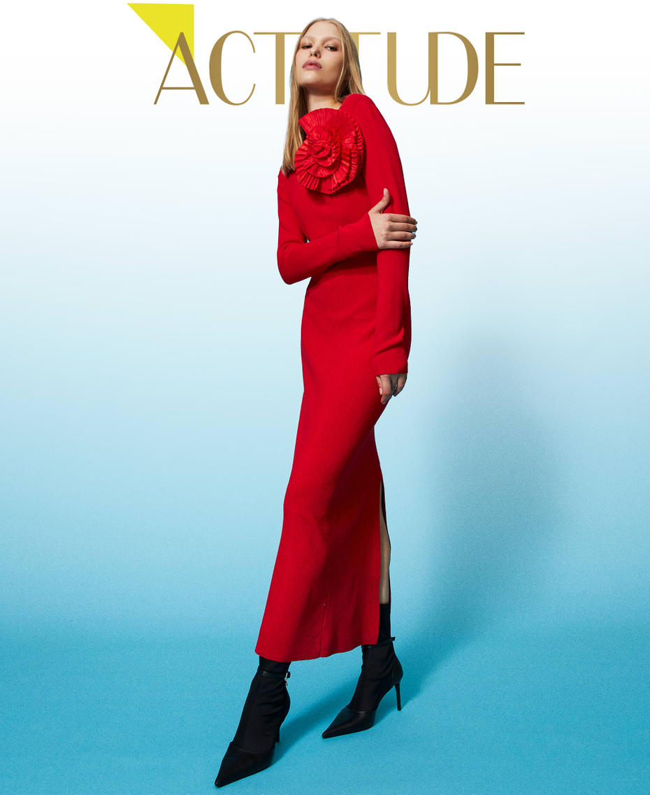 Fitted long dress with brooch "Geranium" Red Woman 232AT3271_00725_01