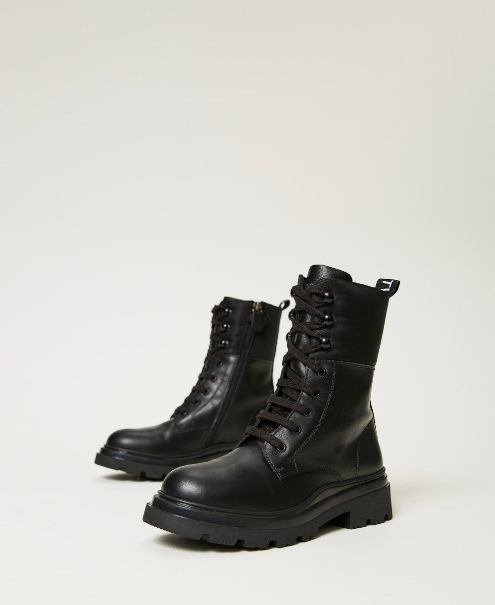 Lace up leather combat boots Girl Black TWINSET Milano