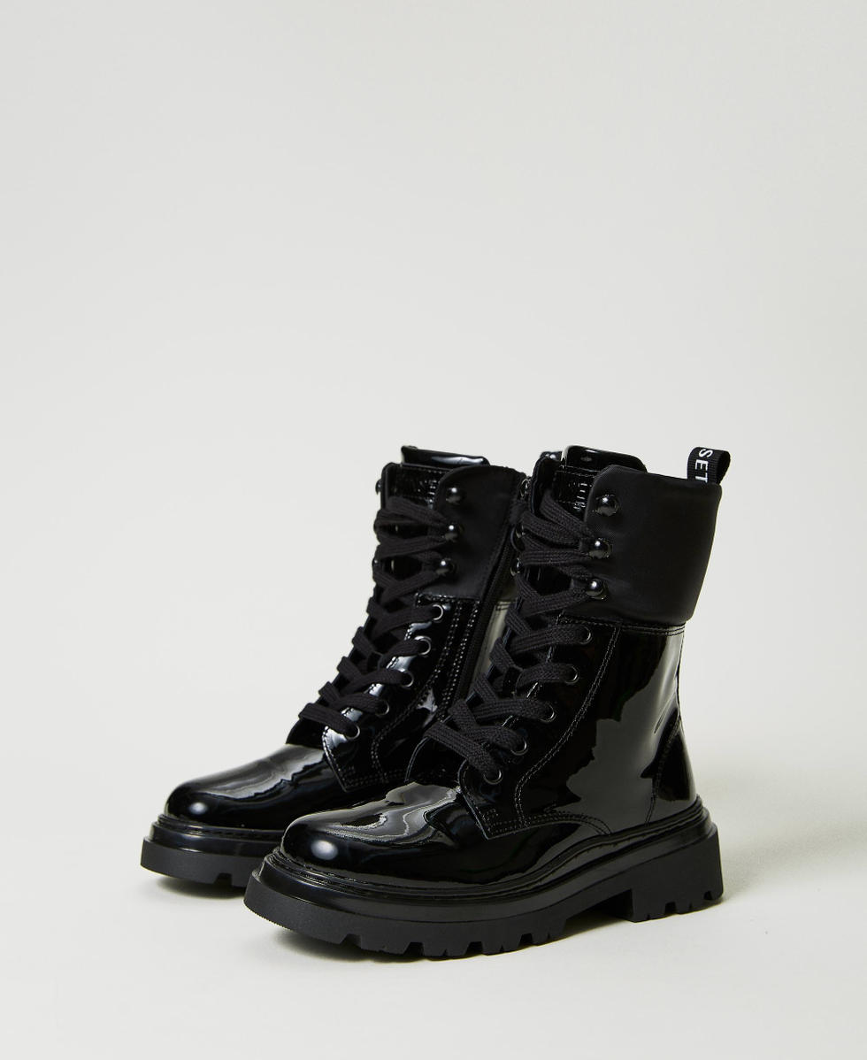 Combat boots patent leather top