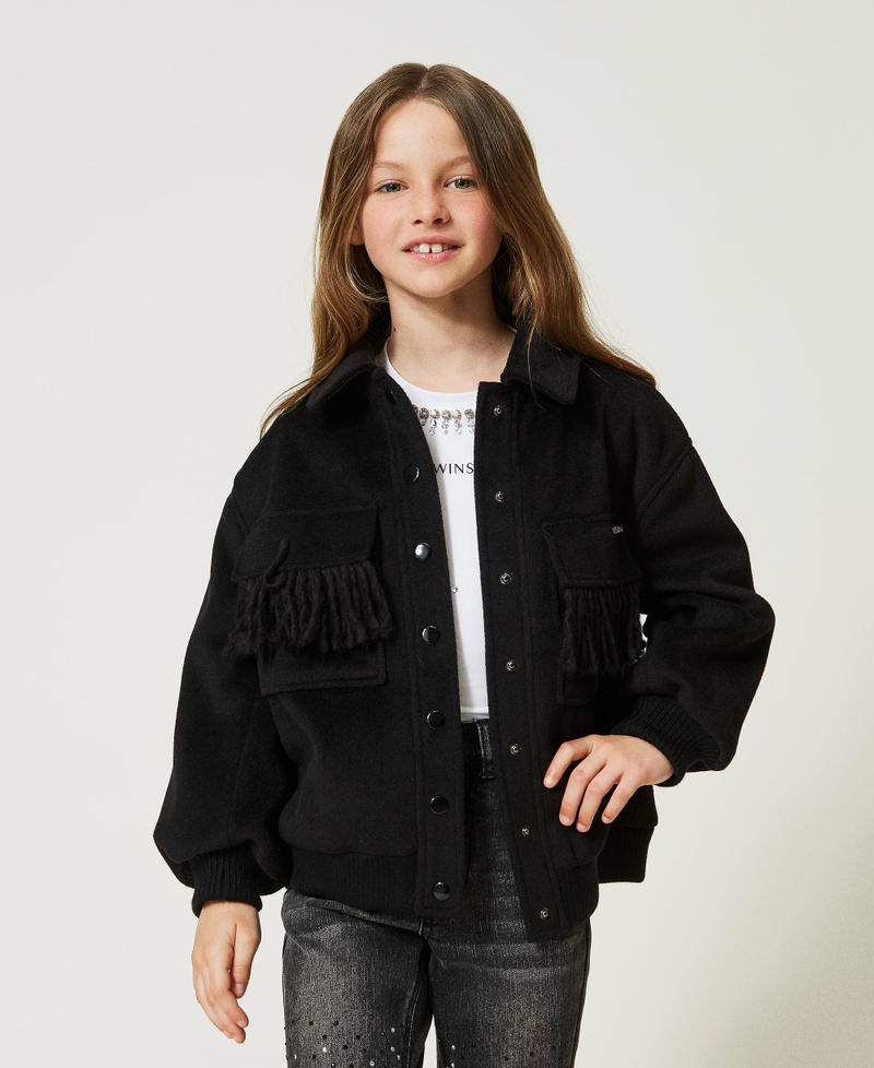 Wool cloth bomber jacket with fringes Girl, Black | TWINSET Milano