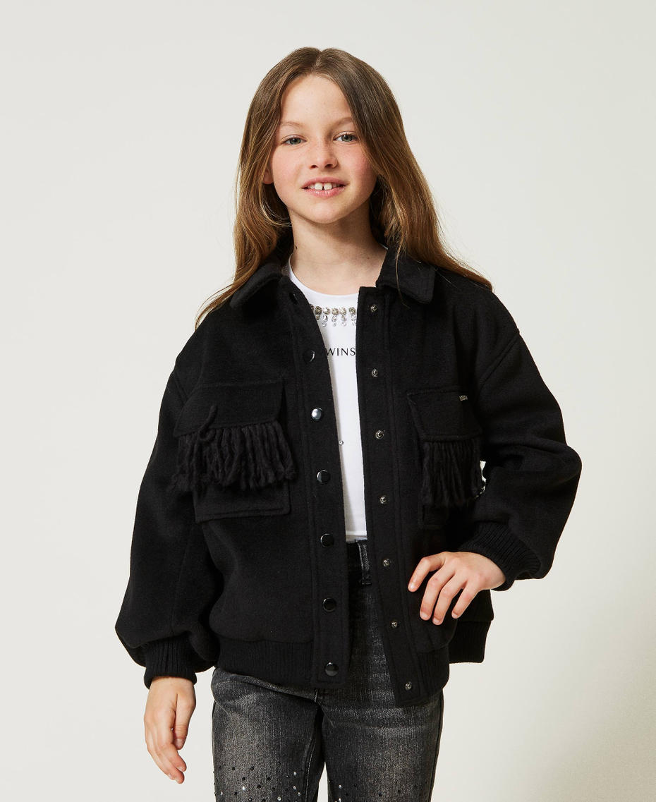 Wool cloth bomber jacket with fringes Black Girl 232GJ2063-01