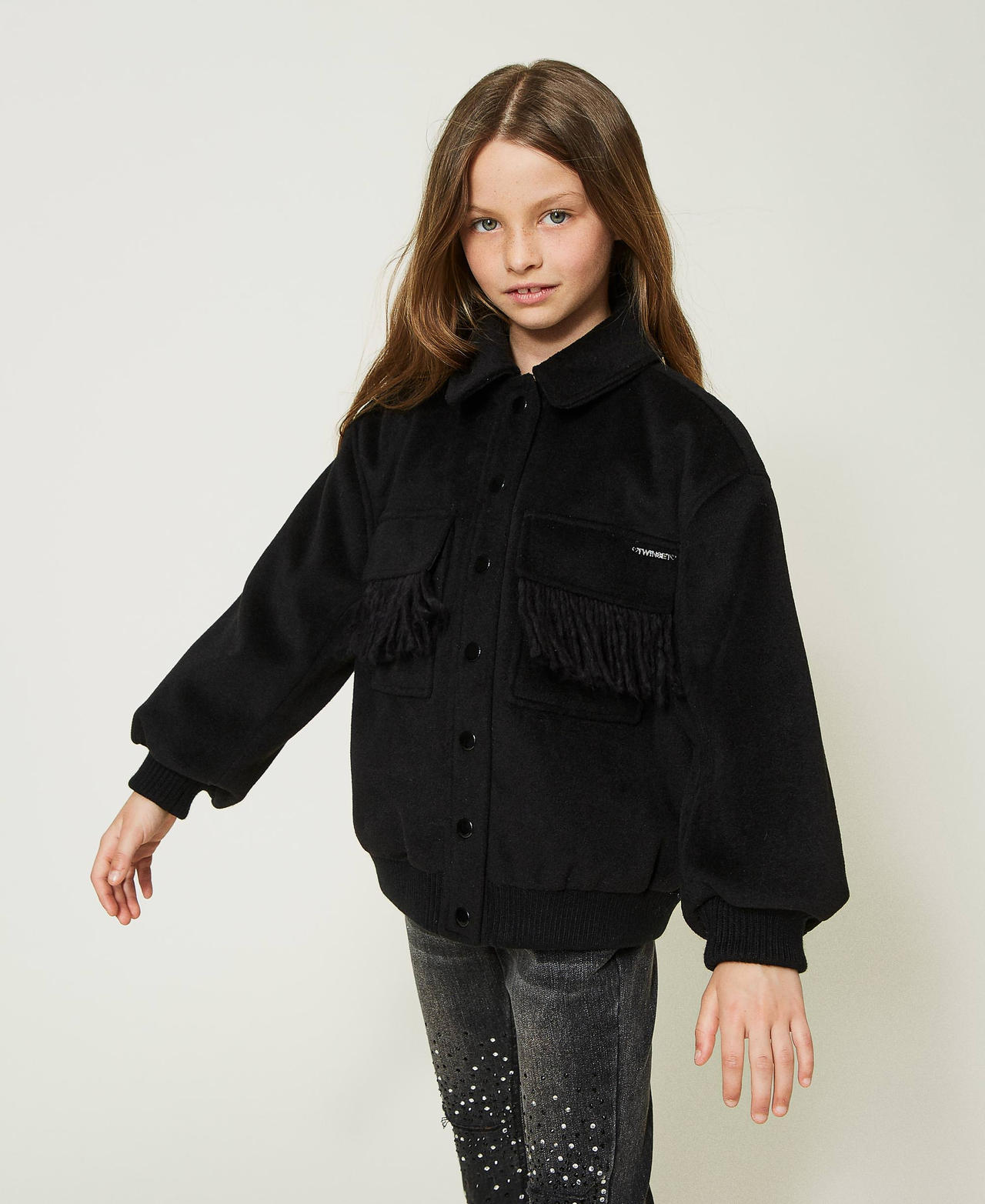 Wool cloth bomber jacket with fringes Black Girl 232GJ2063-02