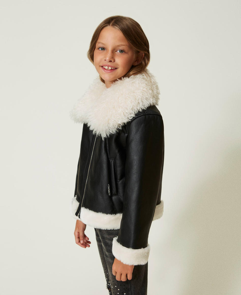 Mini girls black faux fur trim padded coat shop