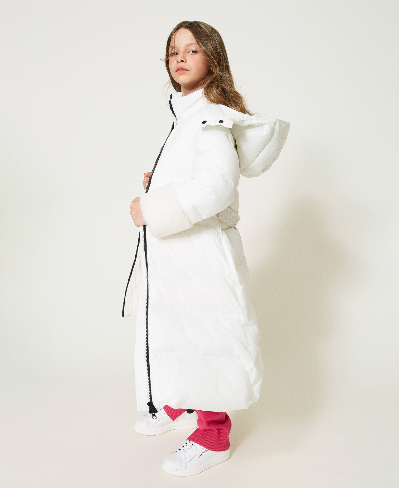 Long puffer jacket with faux fur Girl White TWINSET Milano