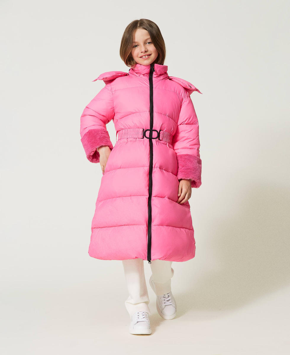 Long puffer jacket with faux fur Girl Fuchsia TWINSET Milano