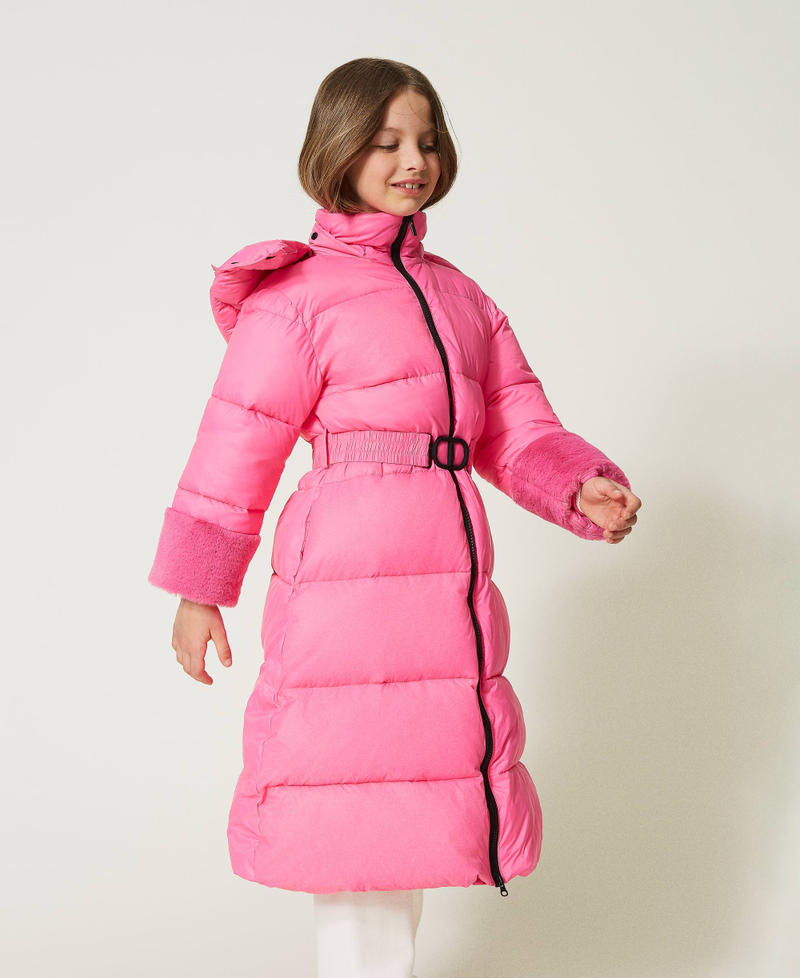 Long puffer jacket with faux fur Neon Pink Girl 232GJ2111-02