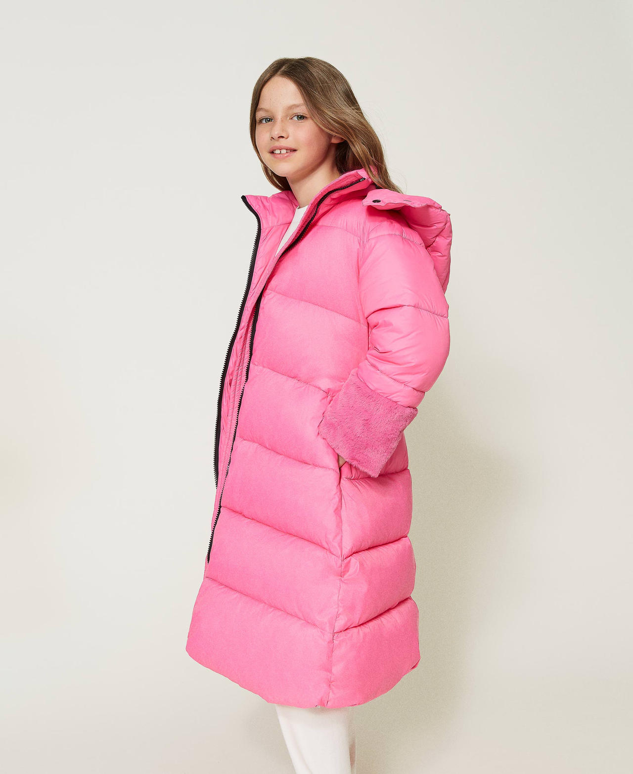 Doudoune longue avec fausse fourrure Fille Fuchsia TWINSET Milano