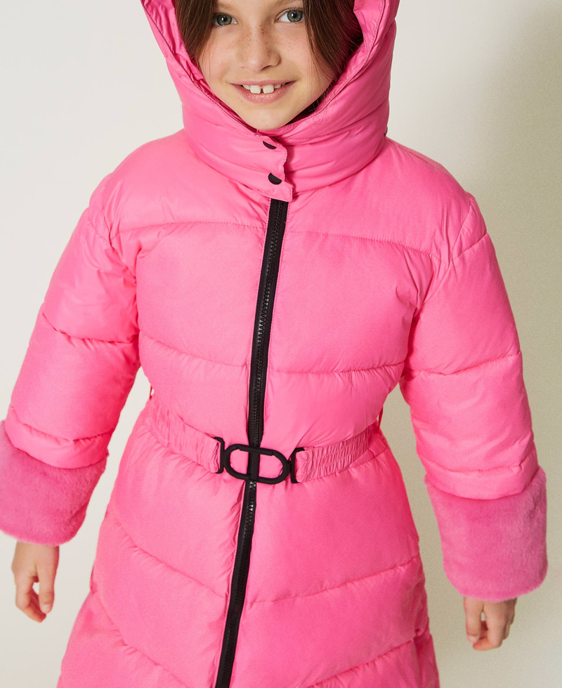 Long puffer jacket with faux fur Neon Pink Girl 232GJ2111-05