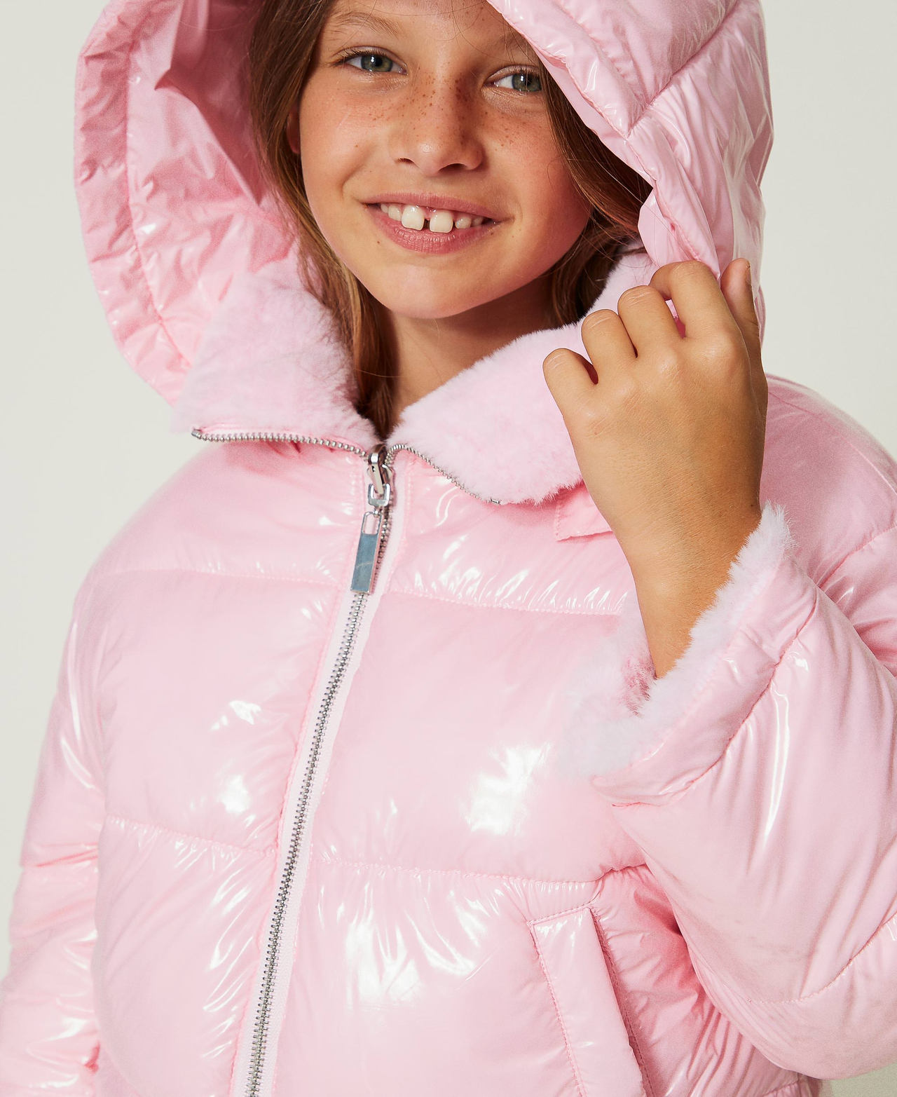 TWINSET Girl's Reversible puffer jacket with faux fur-222GJ211E