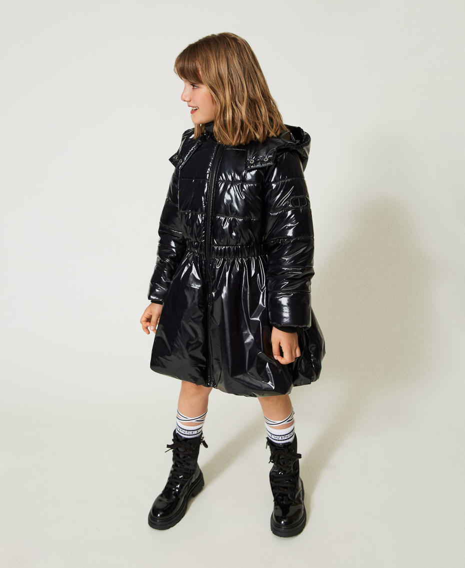 Long puffer jacket with glossy texture