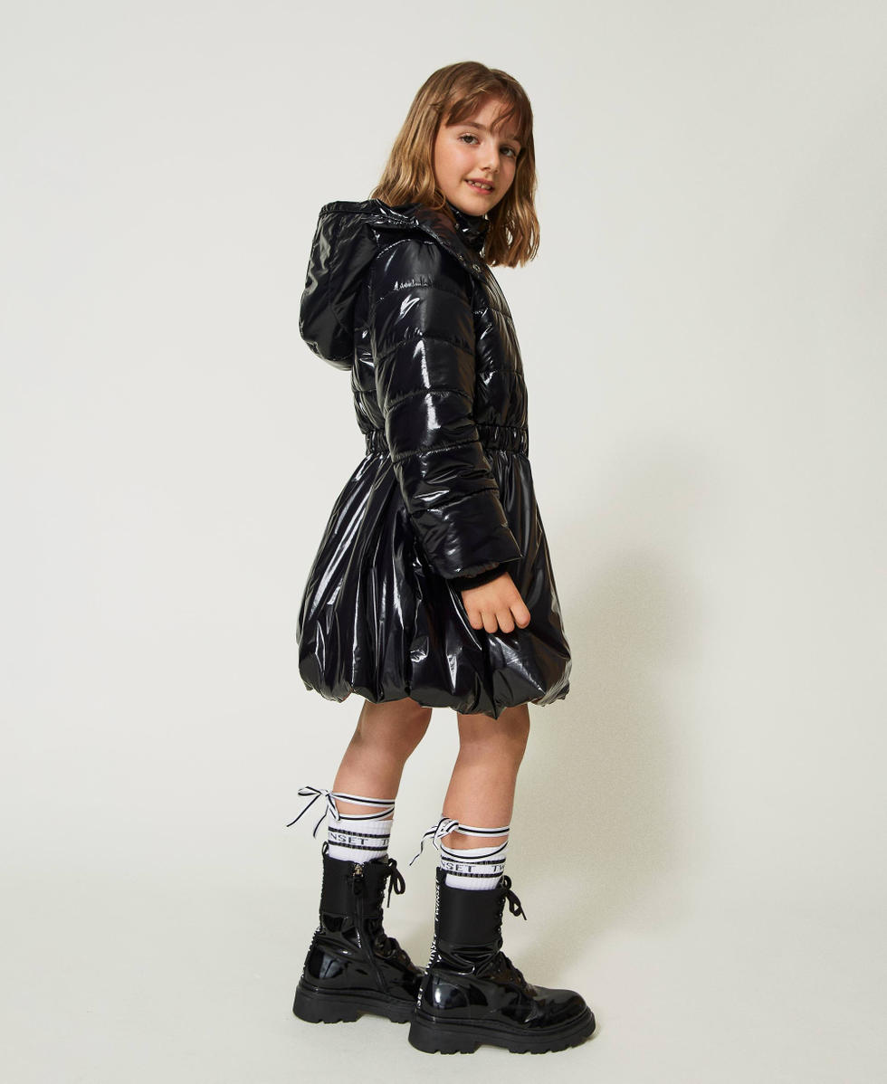 Long puffer jacket with glossy texture Girl Black TWINSET Milano