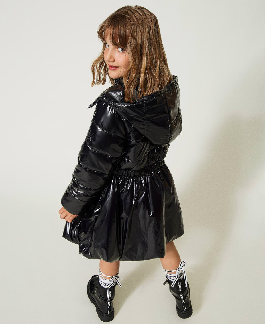 Long puffer jacket with glossy texture
