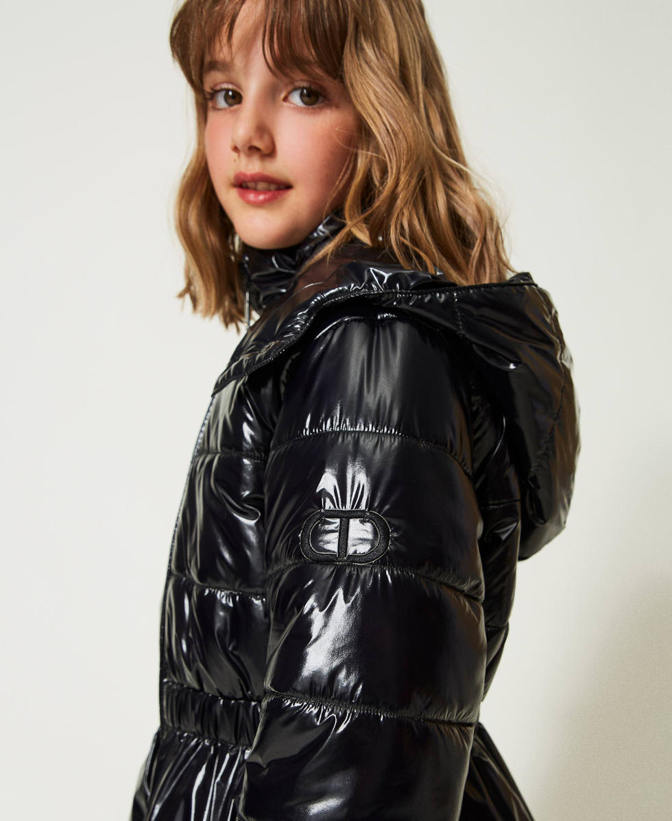 Long puffer jacket with glossy texture Girl Black TWINSET Milano