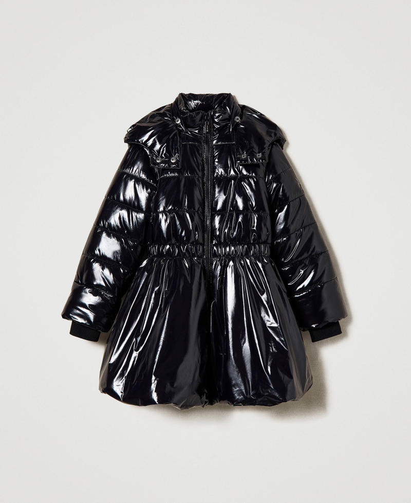 Long puffer jacket with glossy texture