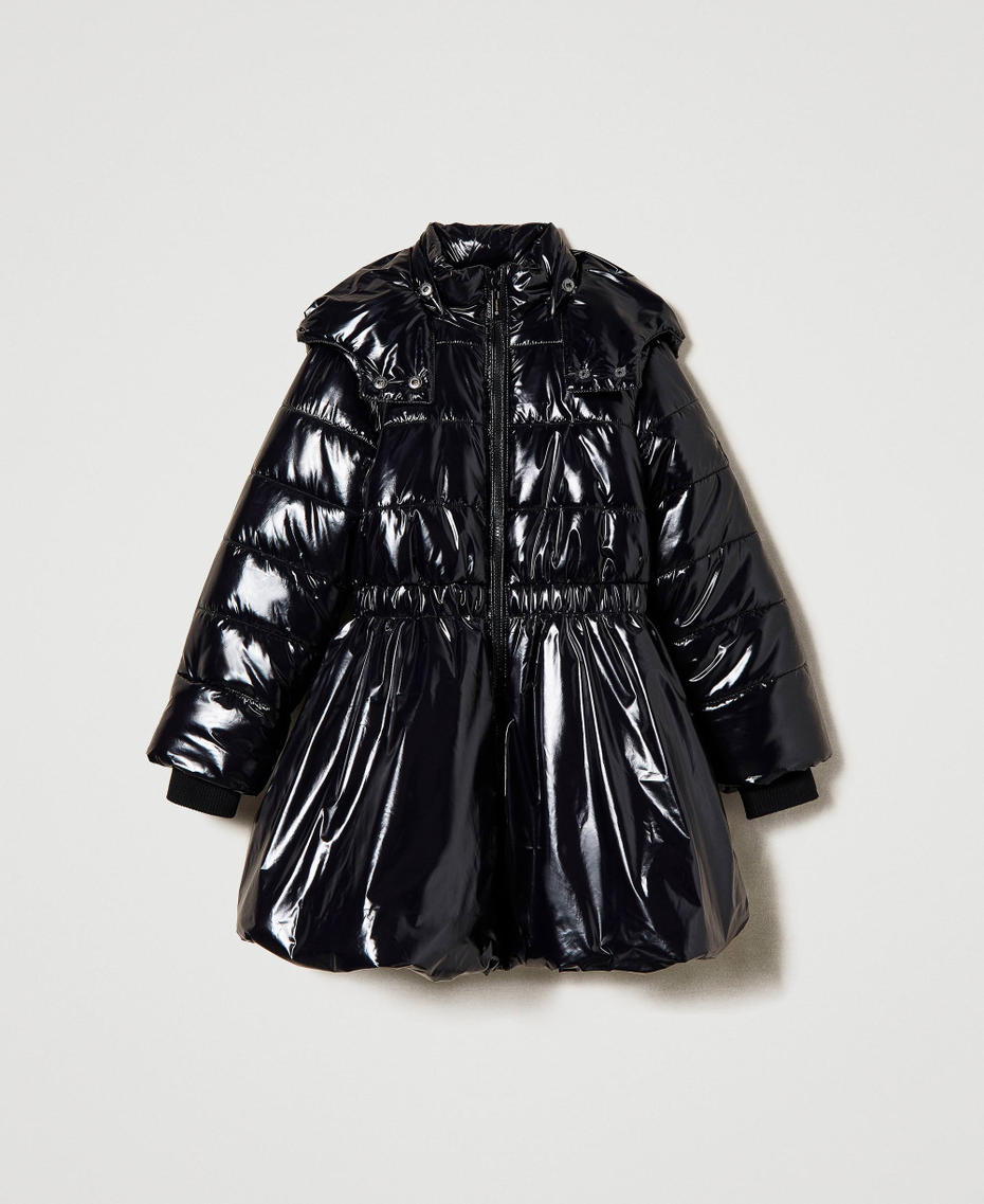 Long puffer jacket with glossy texture