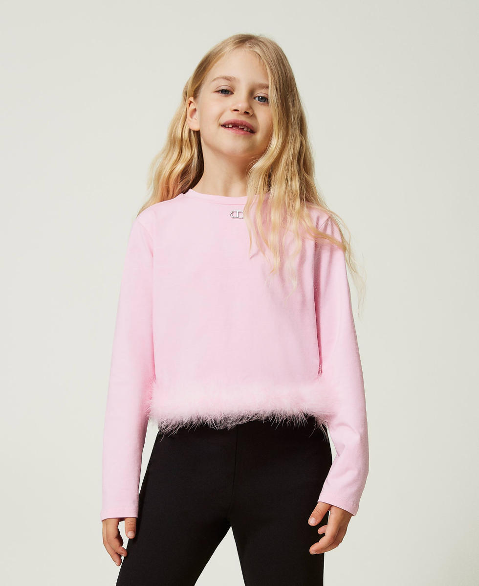 T-shirt in jersey con piume