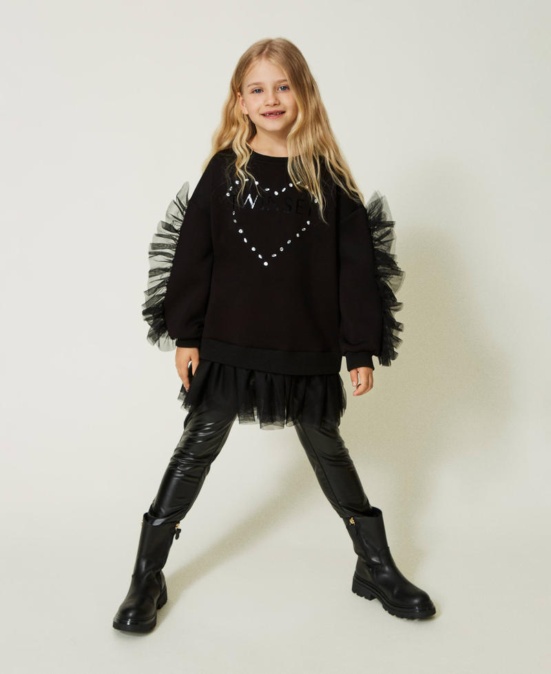Maxi sweatshirt with ruffles and leather-like leggings Black / Black Girl 232GJ2174-01