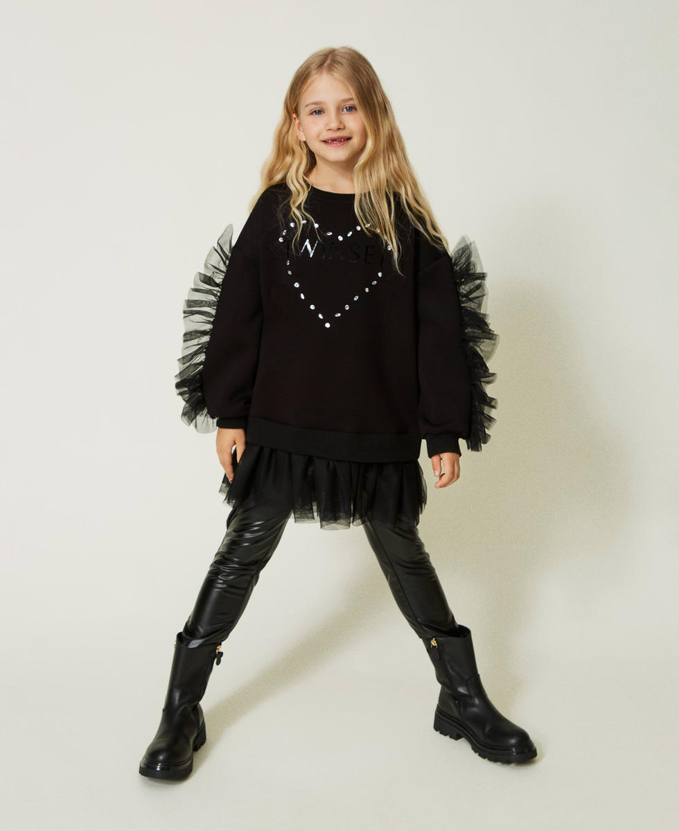 Maxi sweat shirt avec volants et legging effet cuir Fille Noir TWINSET Milano