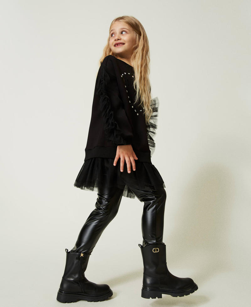Maxi sweatshirt with ruffles and leather-like leggings
