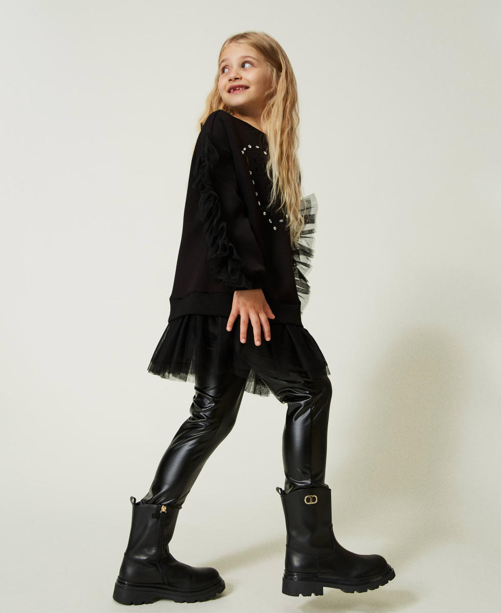 Maxi sweat shirt avec volants et legging effet cuir Fille Noir TWINSET Milano