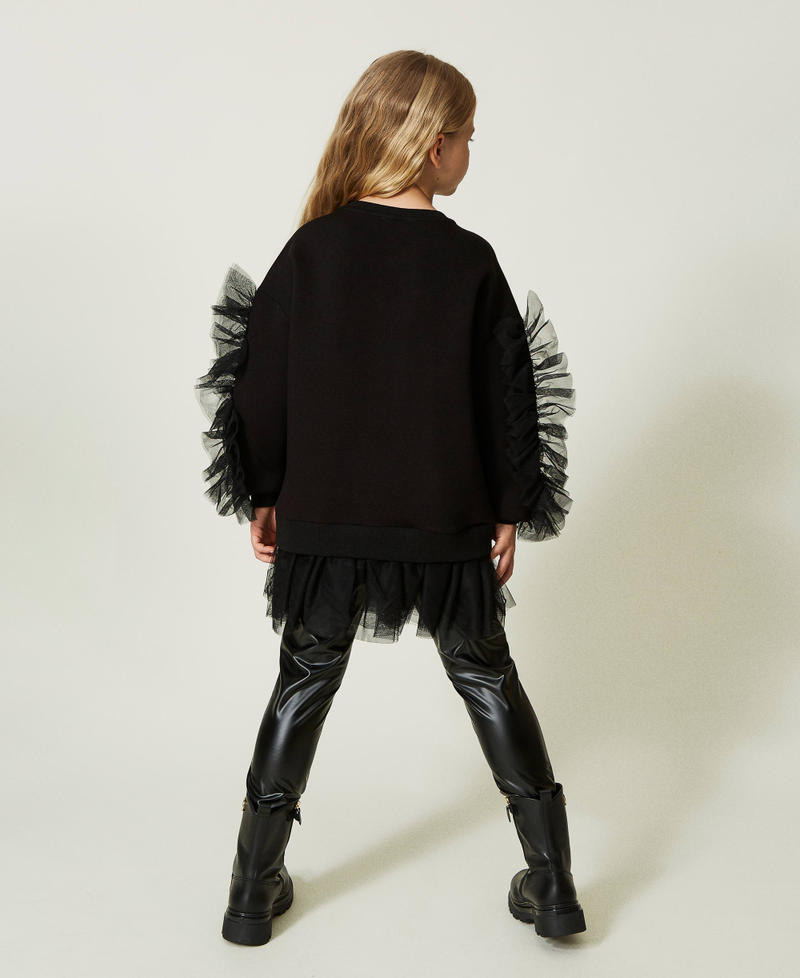 Maxi sweatshirt with ruffles and leather-like leggings Black / Black Girl 232GJ2174-03