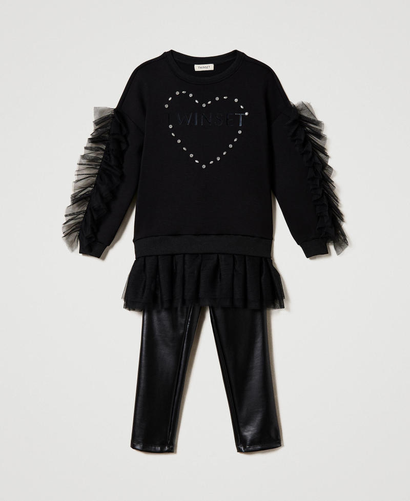 Maxi sweatshirt with ruffles and leather-like leggings Black / Black Girl 232GJ2174-0S