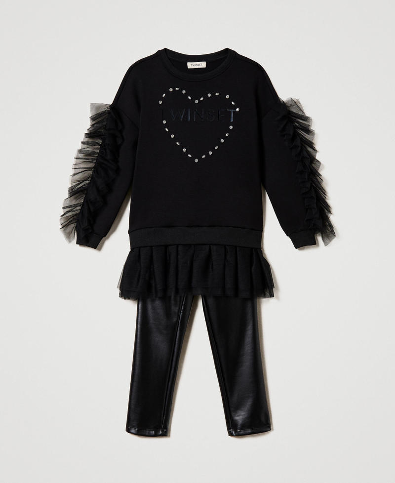Maxi sweatshirt with ruffles and leather-like leggings