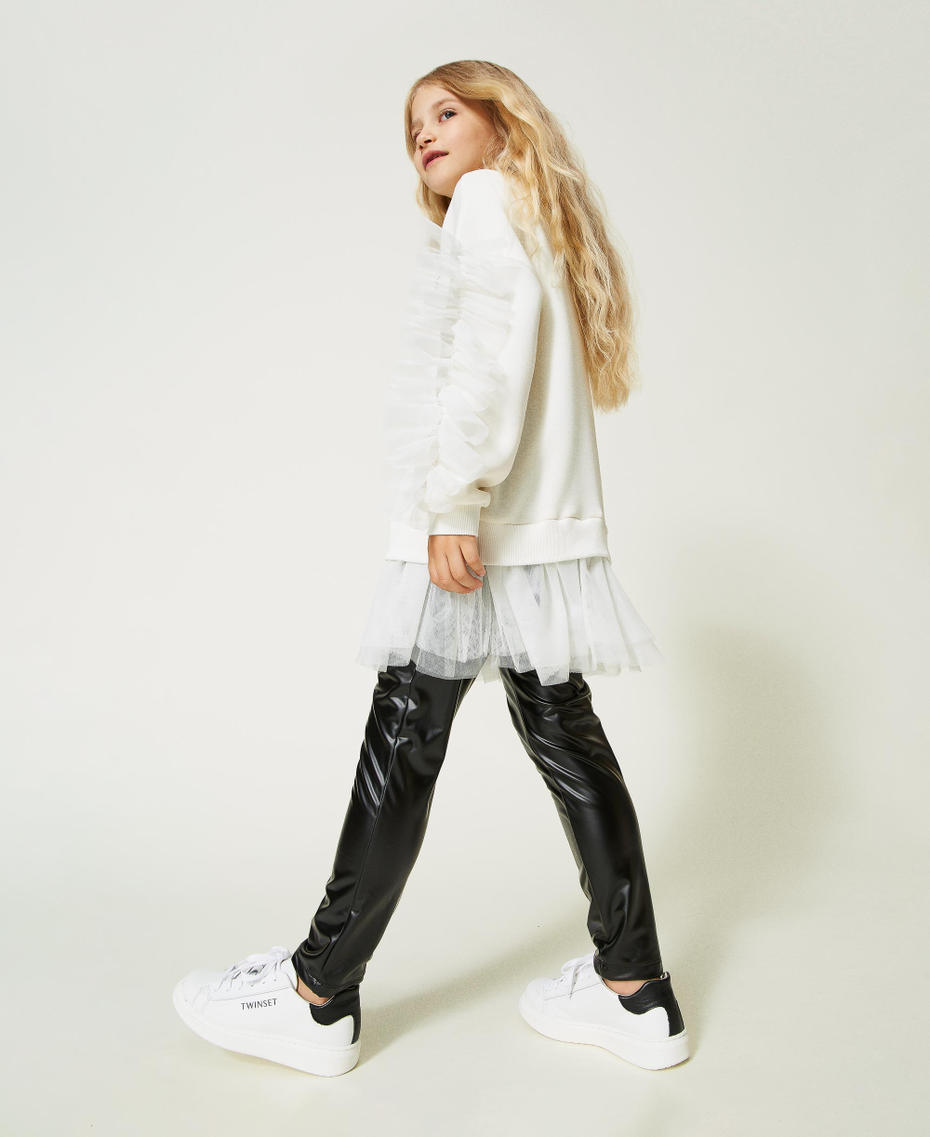 Maxi sweat-shirt avec volants et legging effet cuir Bicolore Blanc Neige&nbsp;/ Noir Fille 232GJ2174_02866_01