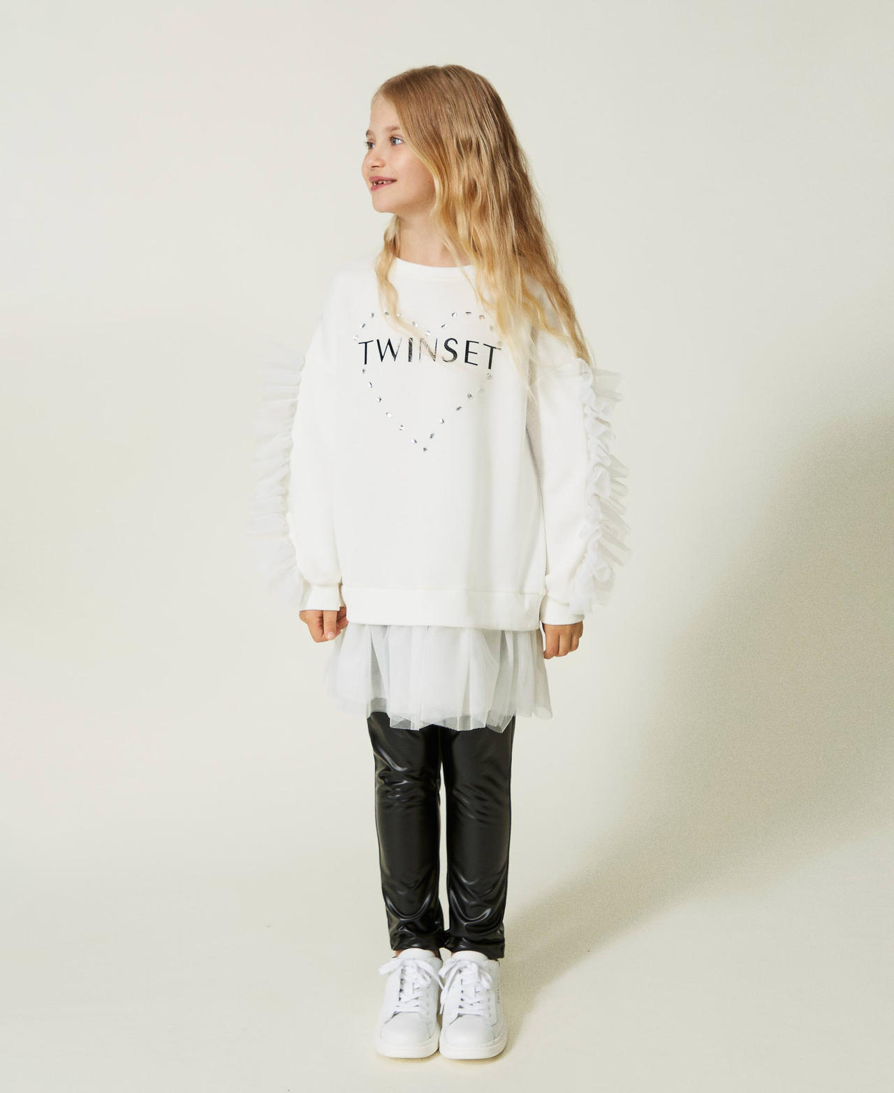 Maxi sweat-shirt avec volants et legging effet cuir Bicolore Blanc Neige&nbsp;/ Noir Fille 232GJ2174_02866_02