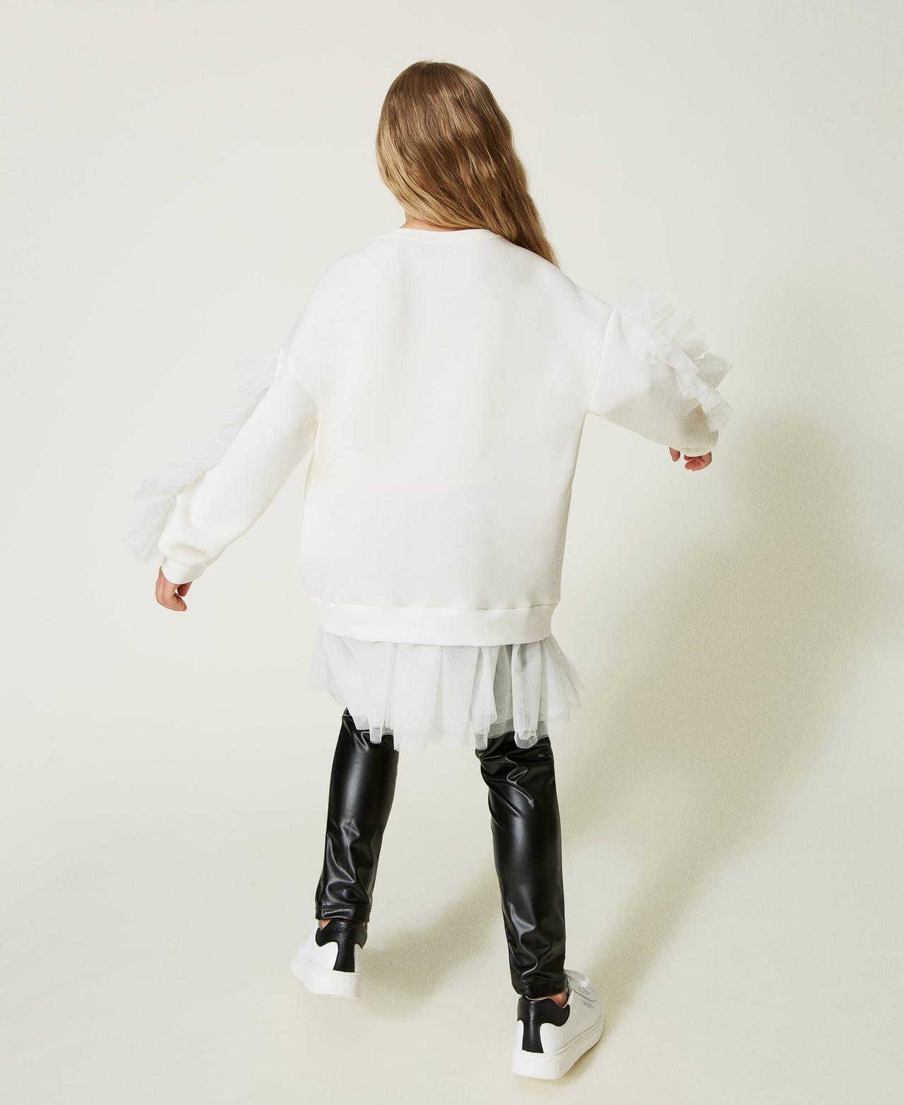 Maxi sweat-shirt avec volants et legging effet cuir Bicolore Blanc Neige&nbsp;/ Noir Fille 232GJ2174_02866_03
