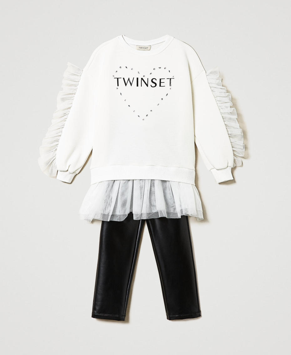 Maxi sweat-shirt avec volants et legging effet cuir Bicolore Blanc Neige&nbsp;/ Noir Fille 232GJ2174_02866_S0