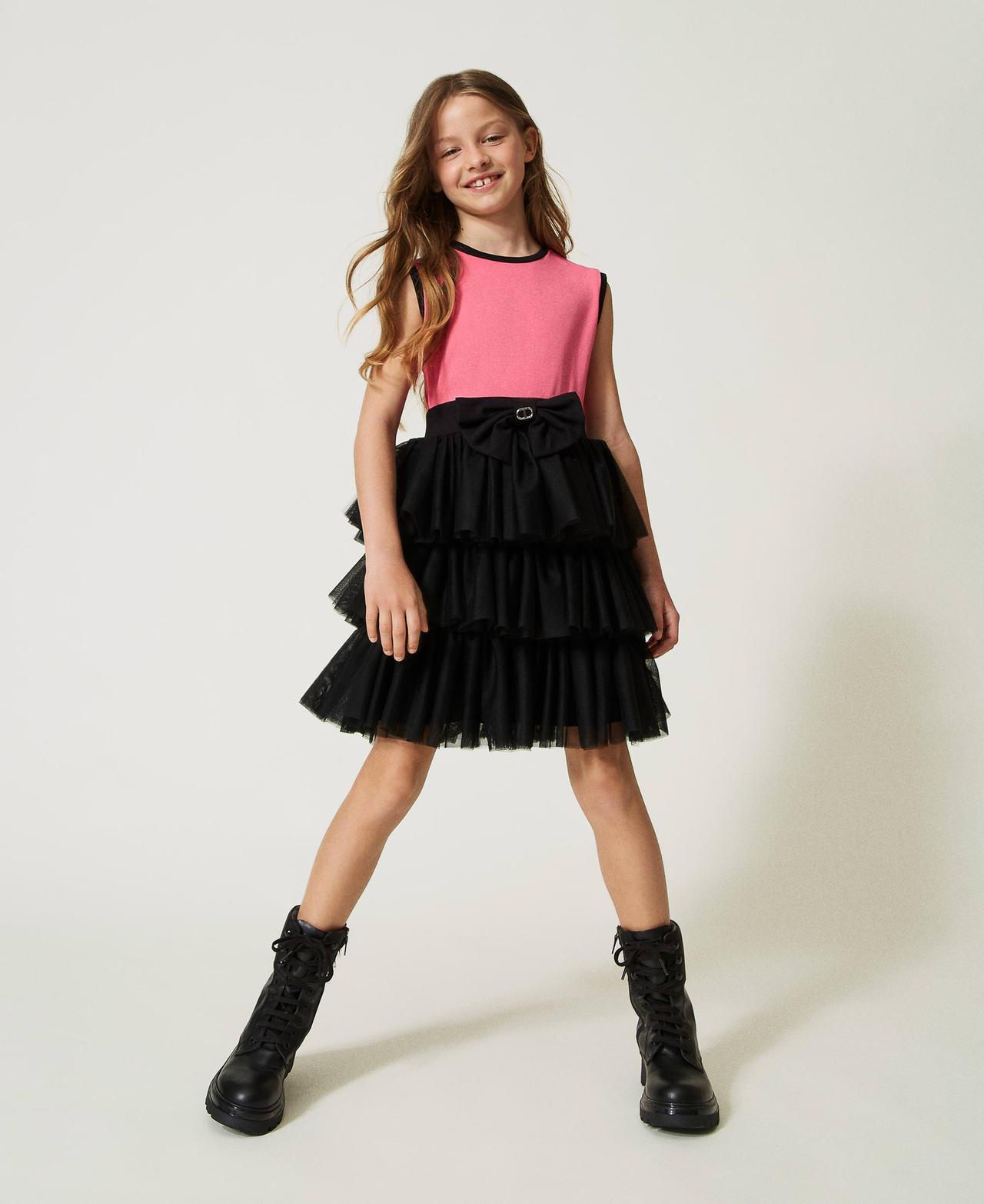 Short dress with tulle flounces Two-tone Neon Pink / Black Girl 232GJ2185_10928_01