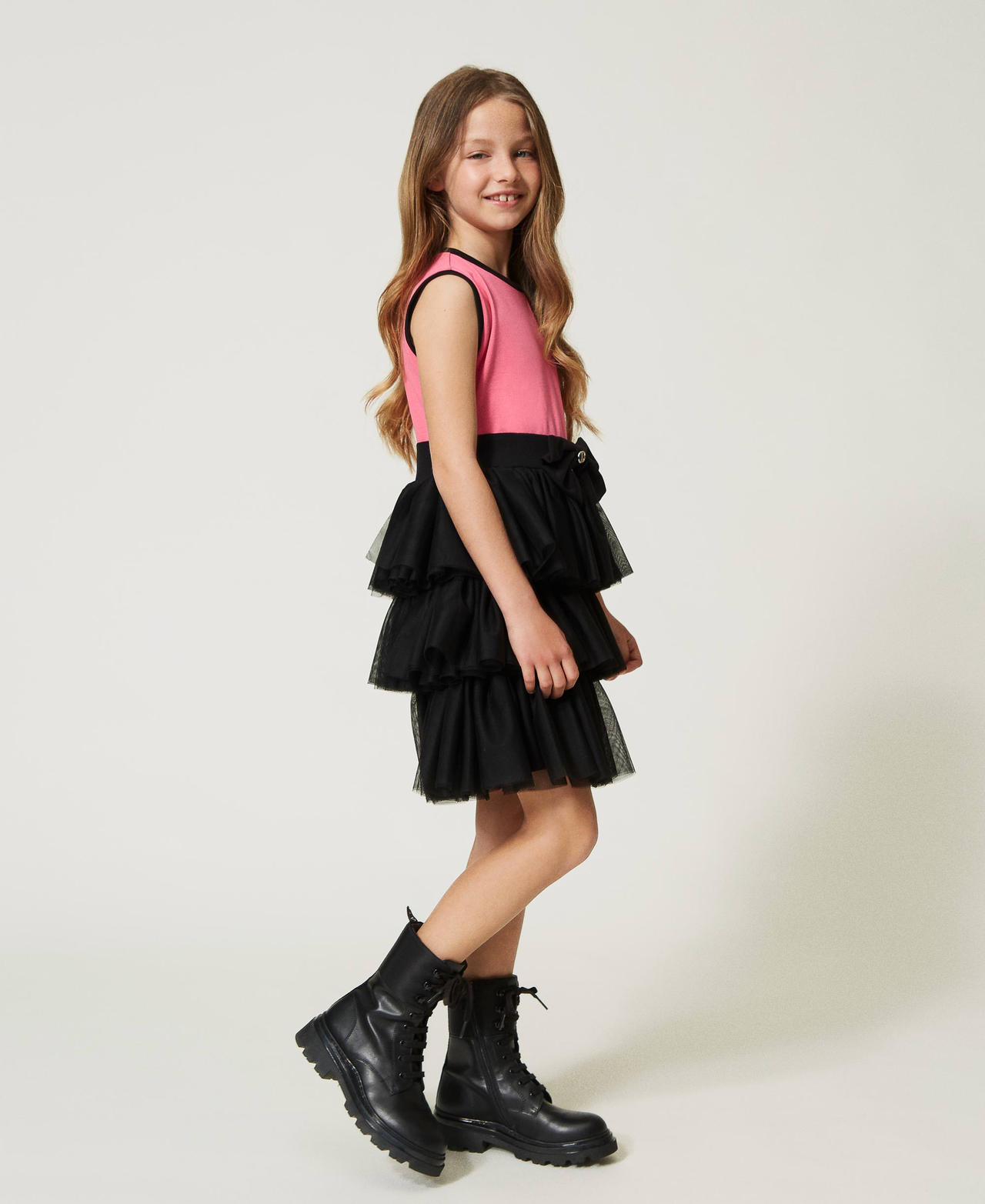 Short dress with tulle flounces Two-tone Neon Pink / Black Girl 232GJ2185-02