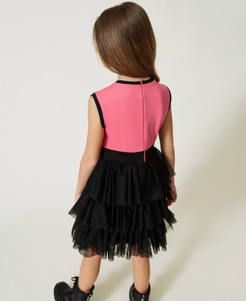 Kurzes Kleid mit Tüllvolants Zweifarbig Neonpink / Schwarz Mädchen 232GJ2185-03