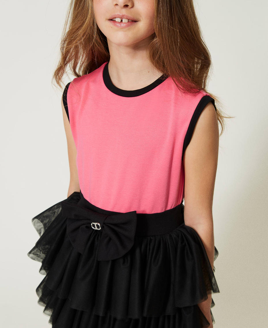 Short dress with tulle flounces Two-tone Neon Pink / Black Girl 232GJ2185-04