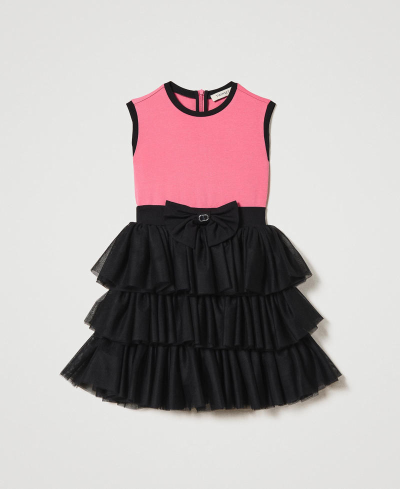 Kurzes Kleid mit Tüllvolants Zweifarbig Neonpink / Schwarz Mädchen 232GJ2185-0S