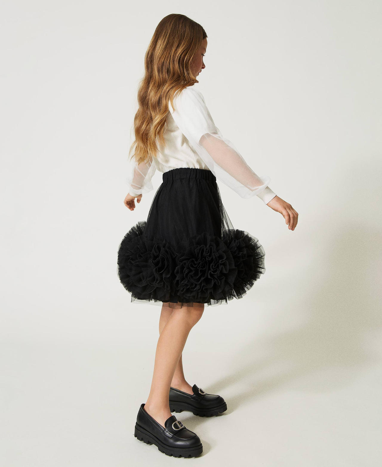 Short tulle skirt with roses Girl Black TWINSET Milano