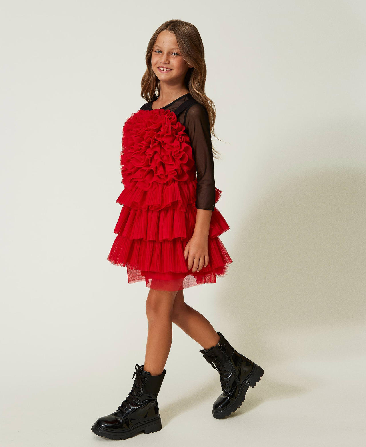 Robe avec volants et t-shirt en tulle Fille, Rouge | TWINSET Milano
