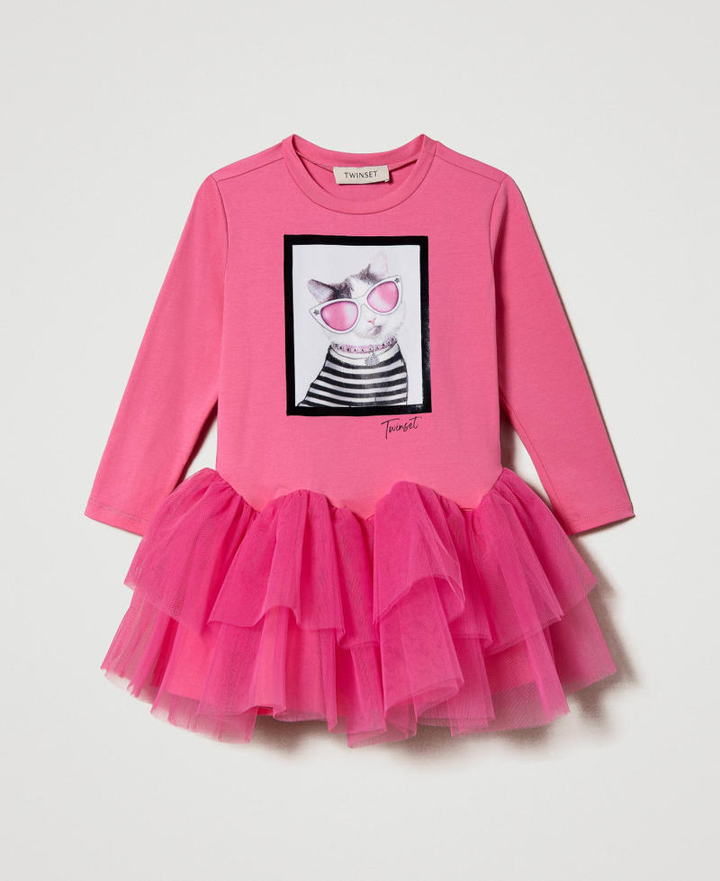 Short dress with print and tulle Neon Pink Cat Print Girl 232GJ2206-01