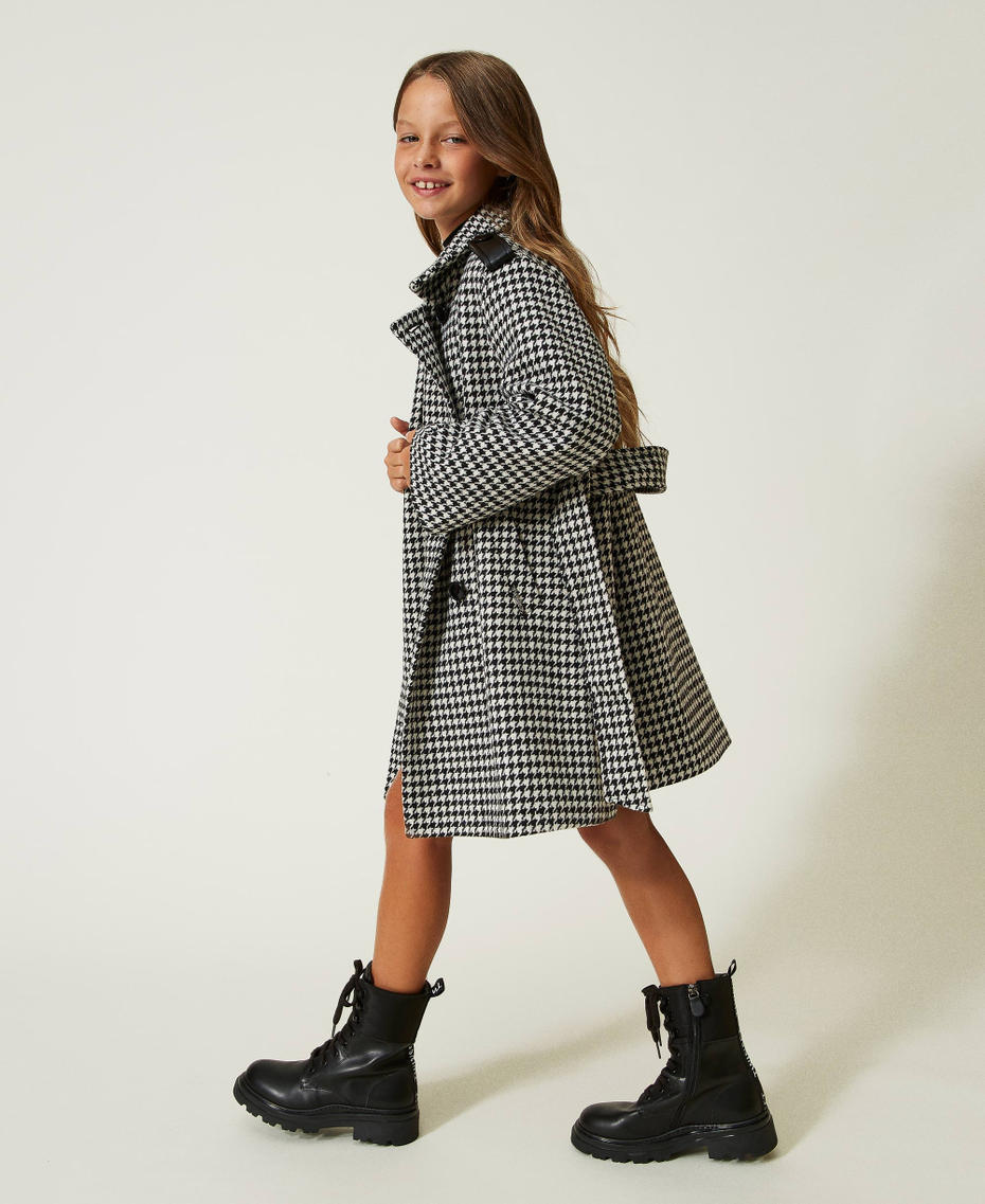 Houndstooth wool cloth coat Snow / Black Houndstooth Pattern Girl 232GJ2270-01