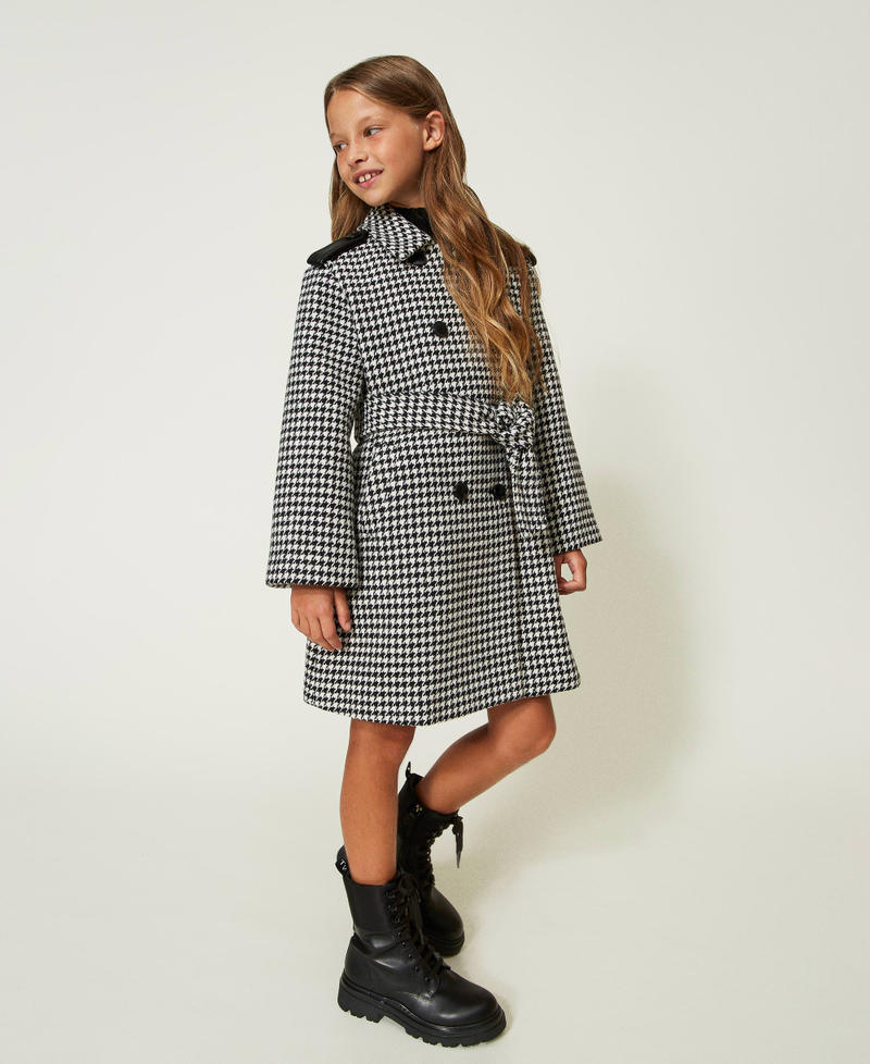 Houndstooth wool cloth coat Snow / Black Houndstooth Pattern Girl 232GJ2270-02